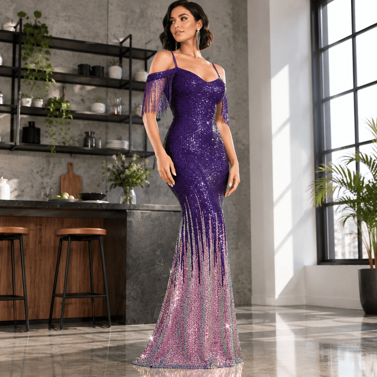 thumbnail image 6 of Women's Purple-pattern 3X-Large Sequin Tassel Off Shoulder Halter Bodycon Formal Evening Gown, 6 of 7