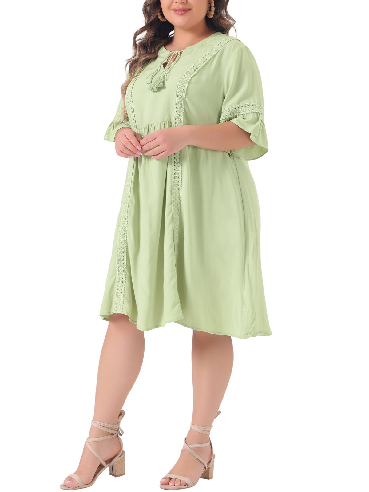 thumbnail image 4 of Agnes Orinda Women's Plus Size Ruffle Sleeve Lace Insert Tassel Bohemian Midi Dress 2X Light Green, 4 of 6