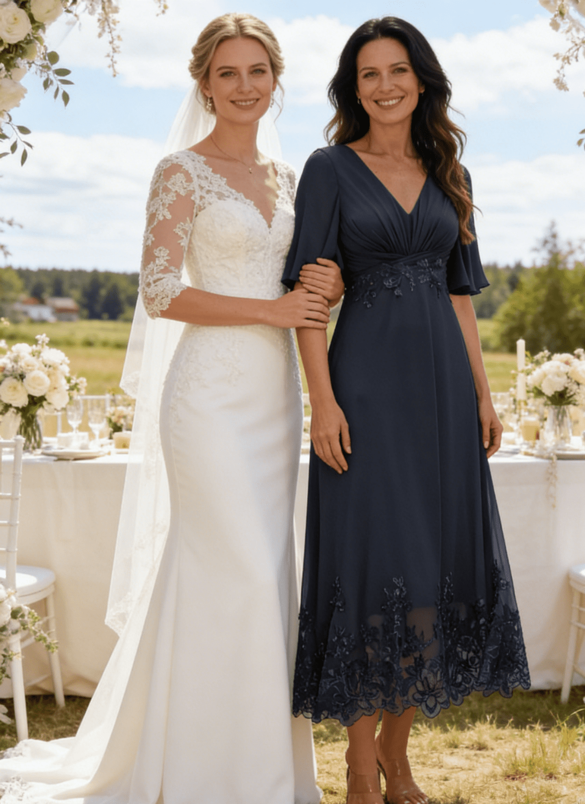 thumbnail image 6 of optkeat Tea Length Mother of the Bride Dress for Women, V Neck Flutter Sleeve Chiffon Formal Evening Dress with Lace Appliques, 6 of 8