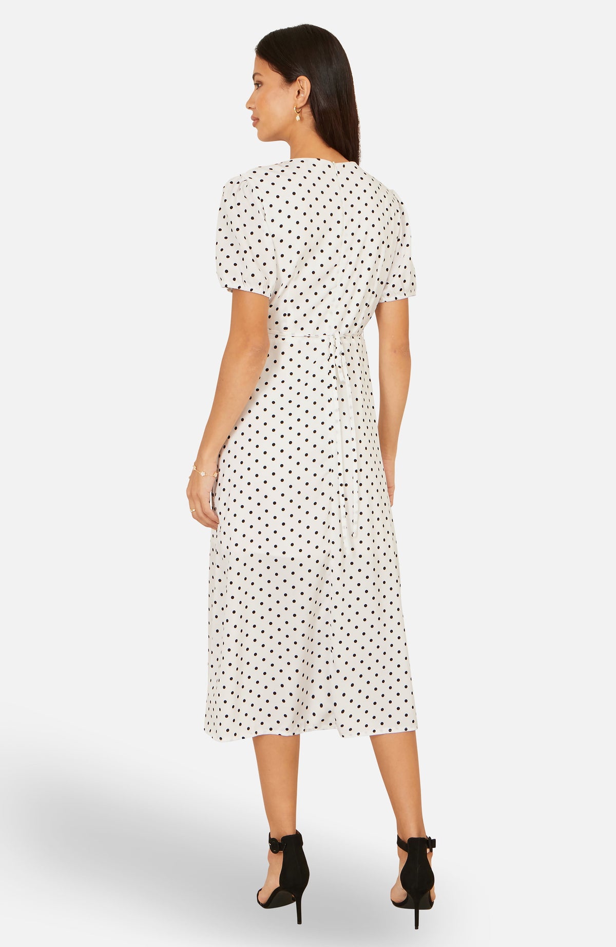 thumbnail image 2 of Yumi Spot Print Wrap Tea Dress - White, 12, 2 of 5