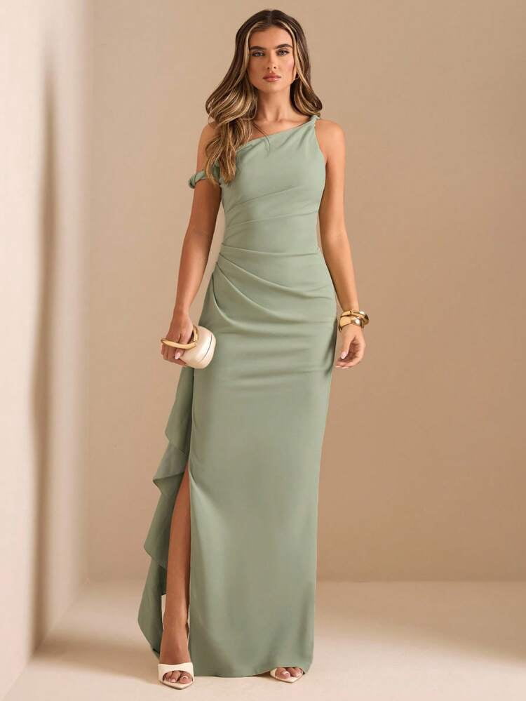 thumbnail image 6 of Sage Green One Shoulder Ruffle Wrap Maxi Dress, 6 of 7