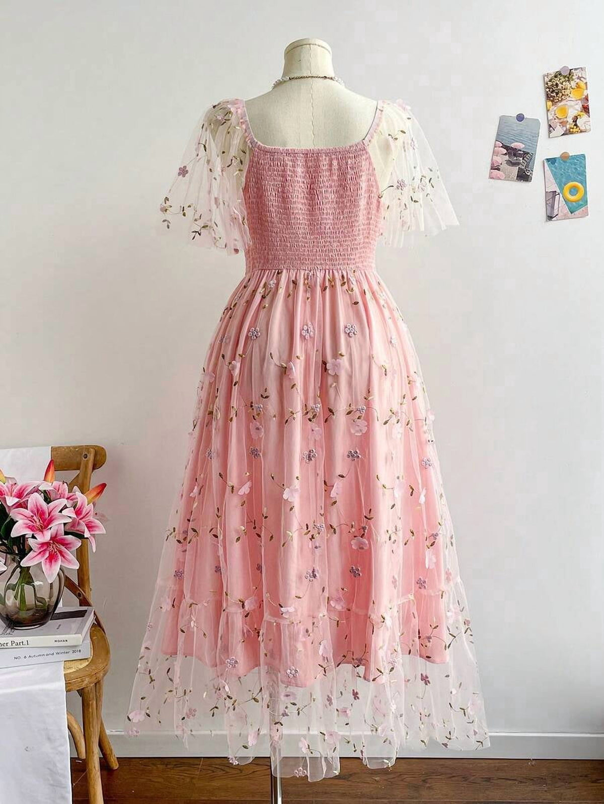thumbnail image 2 of Plus Size Pink Chiffon Midi Dress, Summer Floral Embroidered Short Sleeve, 2 of 8
