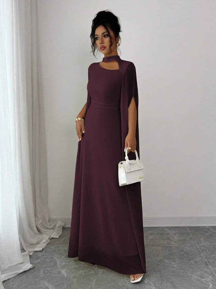 thumbnail image 3 of Maroon Elegant Long Sleeve Cape Dress with Keyhole Neckline, 3 of 8