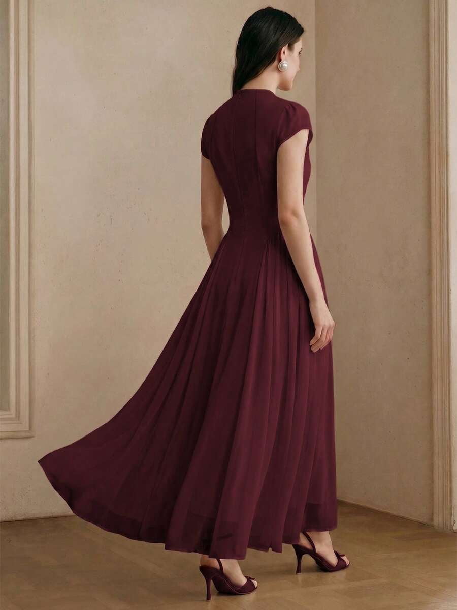 thumbnail image 2 of Womens Elegant Burgundy Cap Sleeve High Neck A-Line Long Pleated Maxi Dress, 2 of 6