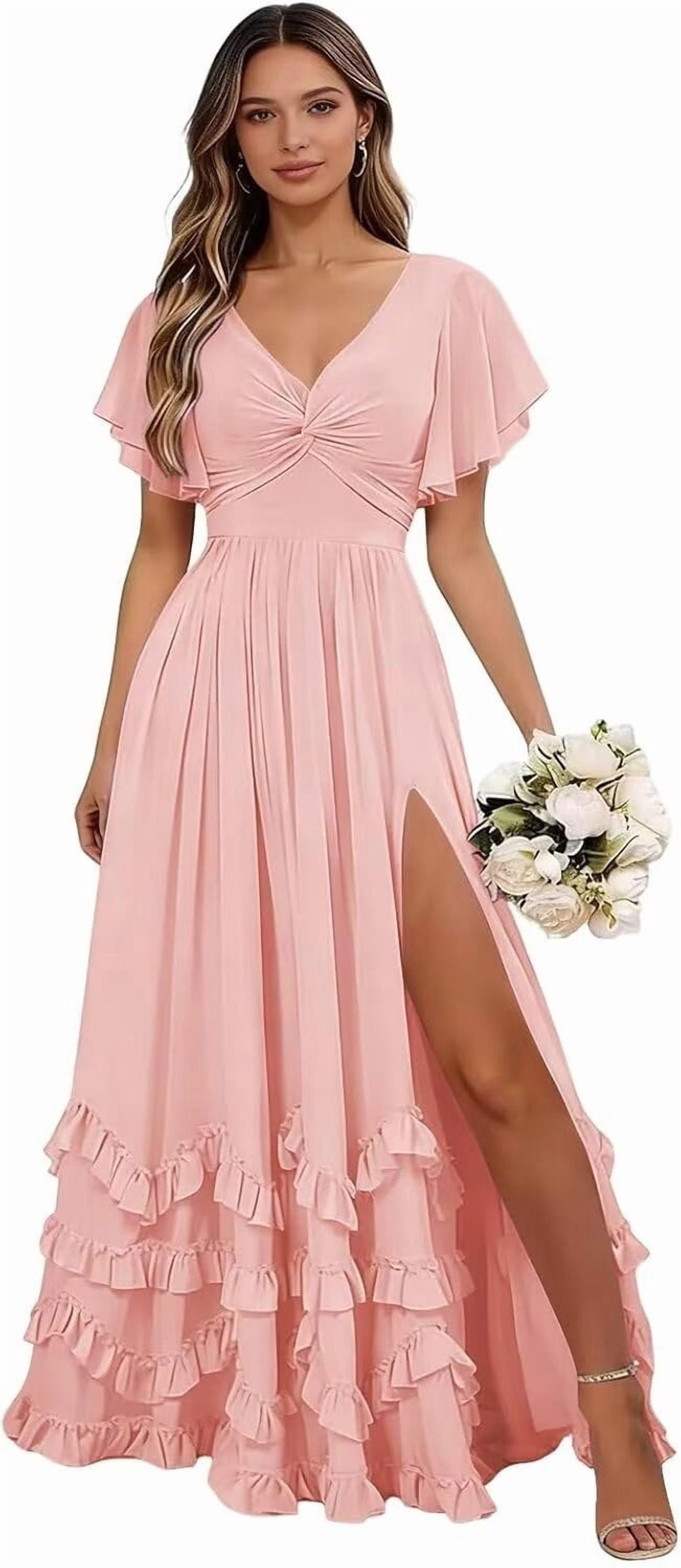 thumbnail image 1 of optkeat Chiffon V Neck Ruffle Bridesmaid Dress, Flutter Sleeve Split Floor Length Formal Gown, 1 of 7