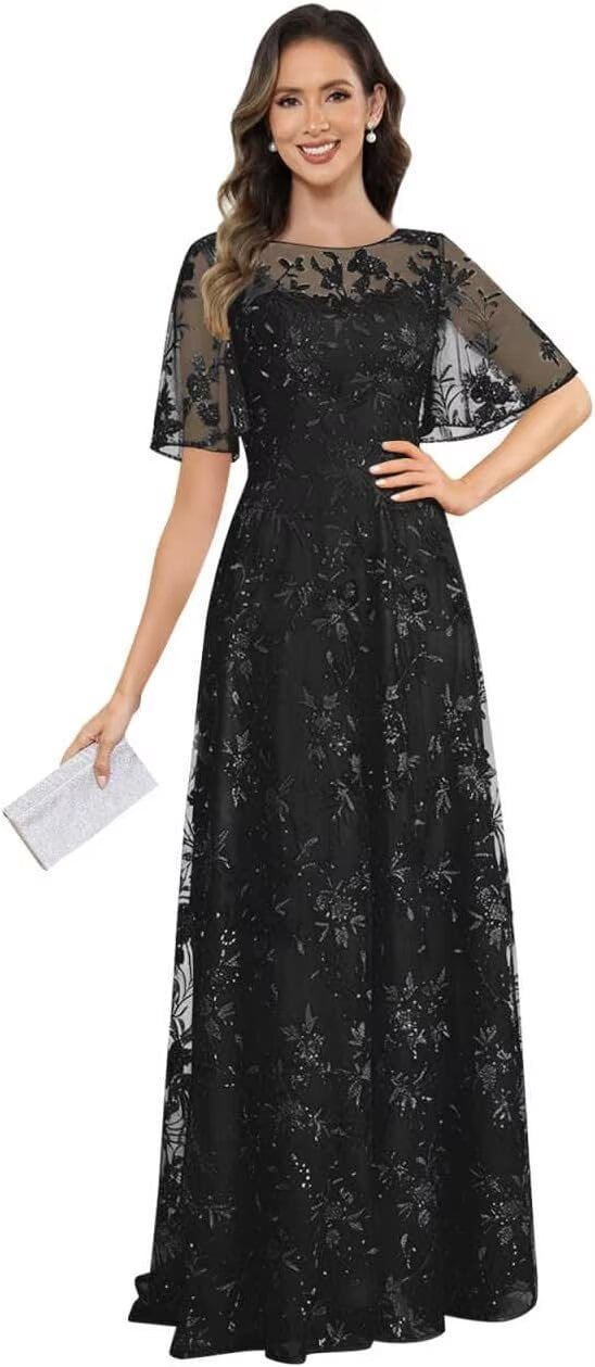 thumbnail image 1 of optkeat Sparkly Sequin Lace Mother of The Bride Dresses Long Flutter Sleeves Formal Evening Gown, 1 of 7