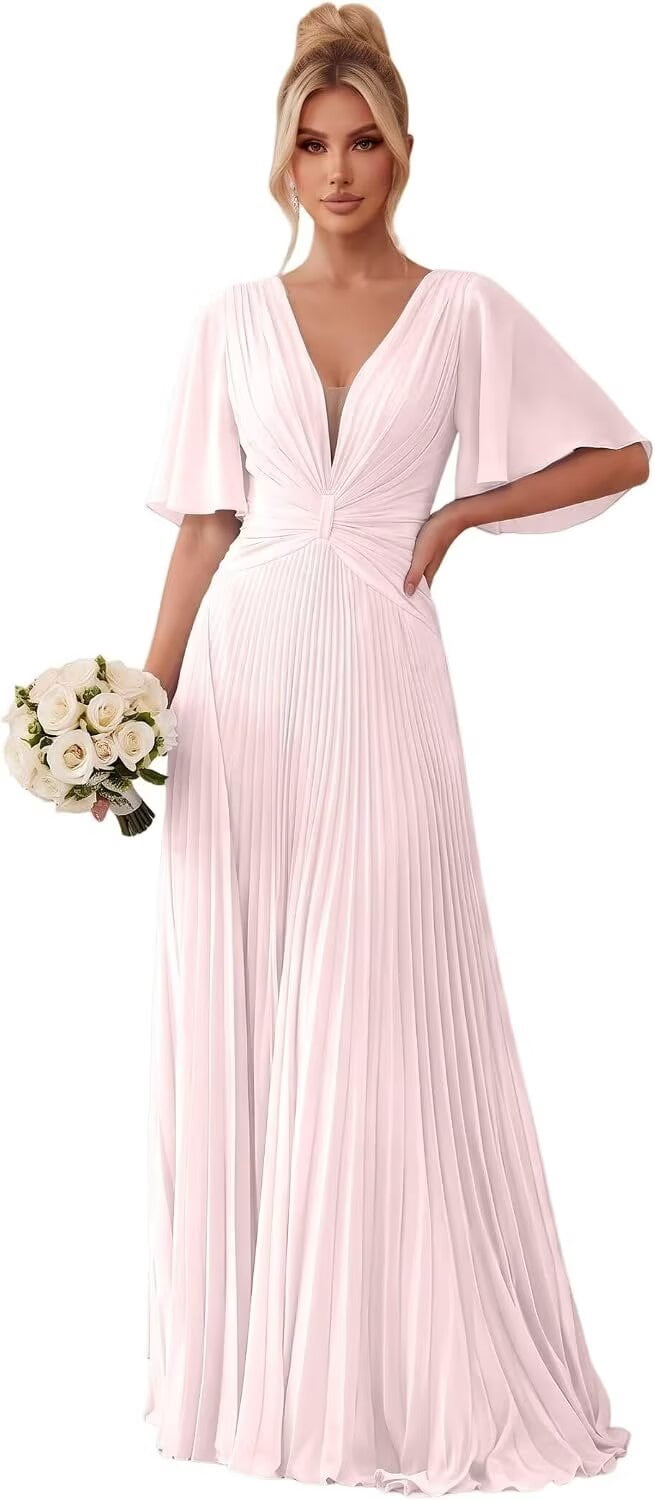 thumbnail image 1 of optkeat Women's Chiffon Bridesmaid Dress V Neck Flutter Sleeve Twist Knot Pleated Formal Maxi Gown, 1 of 7